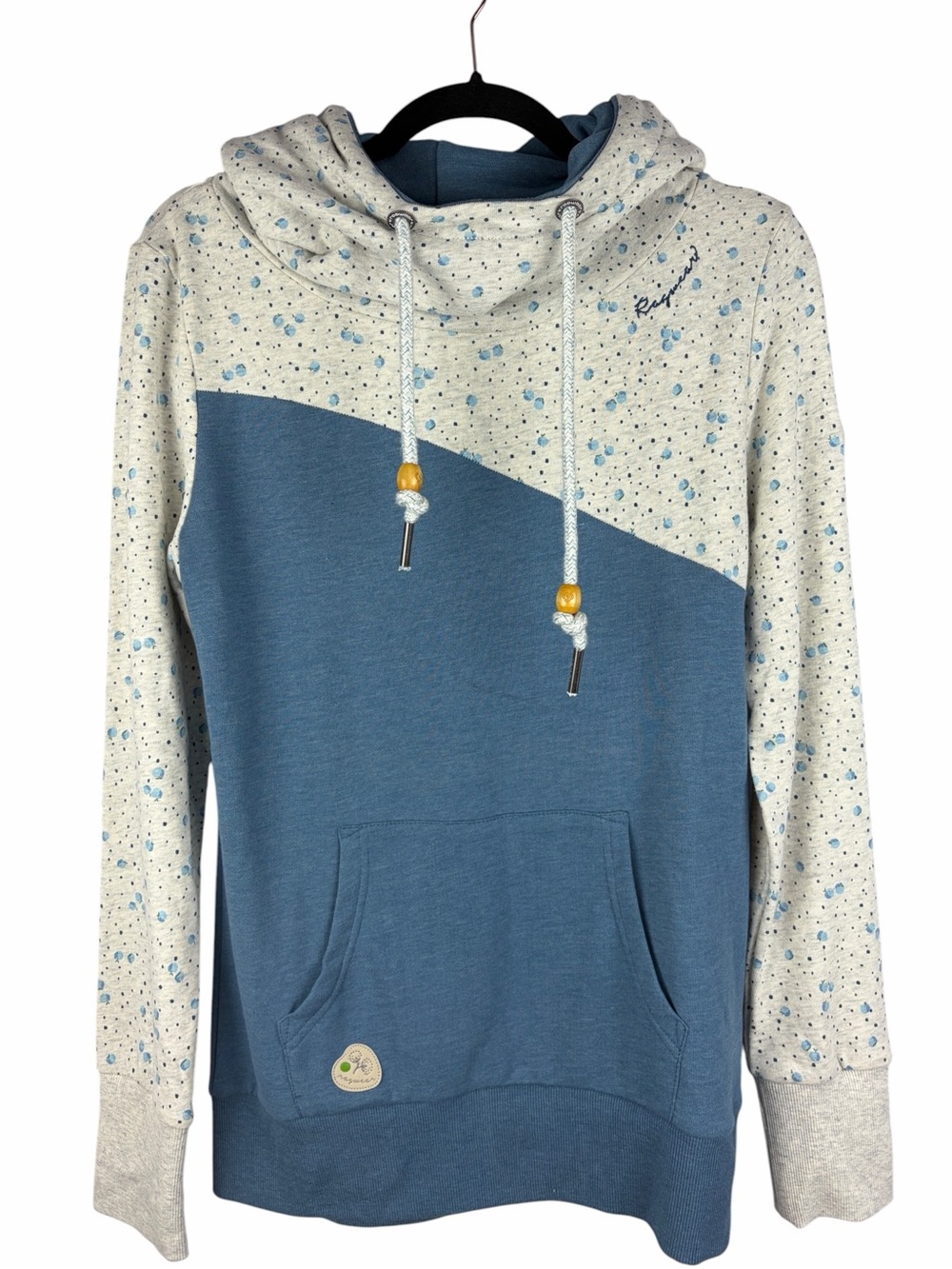 Ragwear Organic Cotton Colorblock Hoodie Blue Speckled Pullover Size Small
